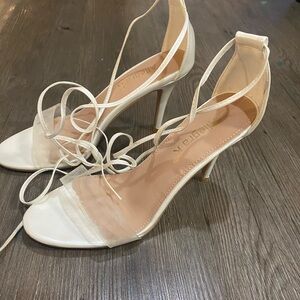 Allegra K White Heels Satin Finish Ankle Wrap